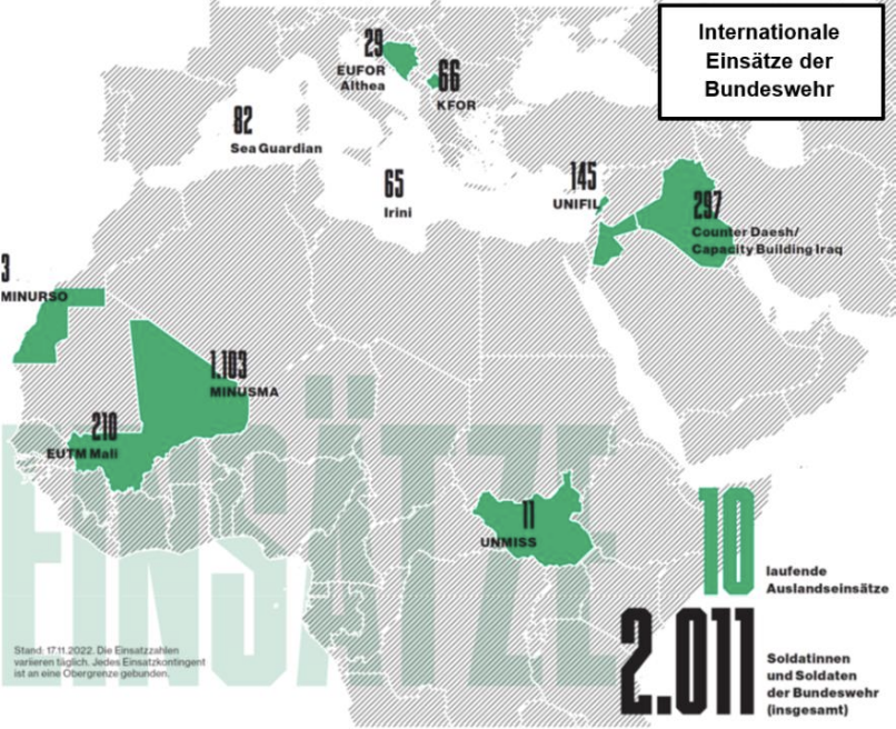 Karte mit markierten Auslandseinsätzen und Einsatzzahlen der Bundeswehr.